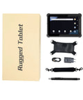 Hardcore 10.1 Inch Android 14 Industrial Tablet With Built In Zebra Barcode Scanner Heavy Duty 8GB Ram 128GB Storage Drop Resistant Rugged PC shown with accessories and packaging.