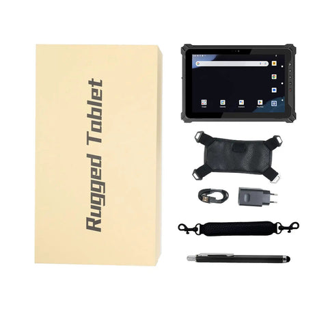 Hardcore 10.1 Inch Android 14 Industrial Tablet With Built In Zebra Barcode Scanner Heavy Duty 8GB Ram 128GB Storage Drop Resistant Rugged PC shown with accessories and packaging.