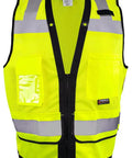 Heavy Duty Green Mesh Surveyors Vest With Loaded Tablet Pockets And Secure Id Sleeve Super Breathable Class Two Compliant Jobsite Safety Gear For Hardcore Seasoned Crews 3XL front view showcasing bright yellow mesh and reflective strips.