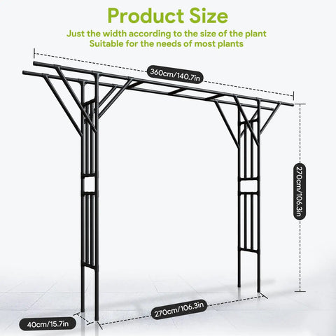Massive Flattop Garden Arch In Black, 140.7 Inch Long And 106 Inch High Garden Trellis Arbor with dimensions highlighted