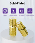 Gold Plated F Type Coax Connector Female To Female For RG6 Cables Two Pack Pro Grade Ultra Compact Flush Mount Adapter Extend And Convert TV Satellite Lines High Quality Signal Pass Through Easy Install Built Tough And Reliable. Two gold-plated adapters