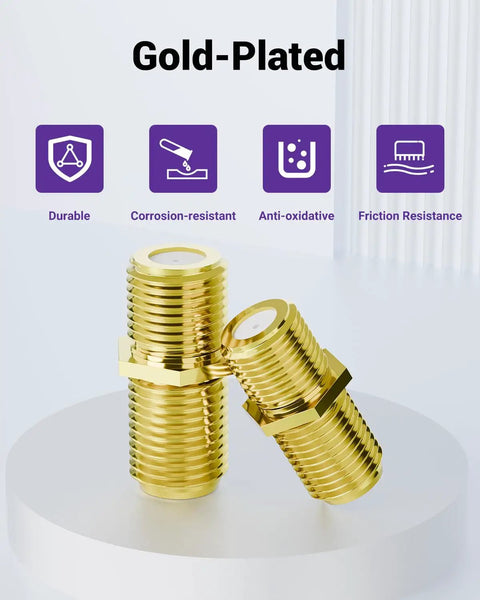 Gold Plated F Type Coax Connector Female To Female For RG6 Cables Two Pack Pro Grade Ultra Compact Flush Mount Adapter Extend And Convert TV Satellite Lines High Quality Signal Pass Through Easy Install Built Tough And Reliable. Two gold-plated adapters