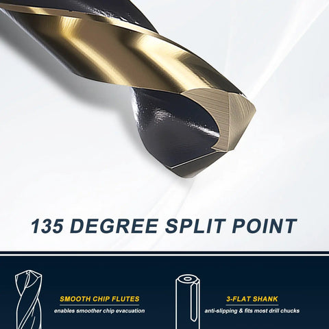 Premium 8-Pack Reduced Shank Drill Bit Set From 9/16 To 1 Inch Featuring High-Speed Steel Construction With Gold Finish And Split Point Tips For Drilling Metal Wood And Steel Like A Boss 135-degree split point HSS drill bit
