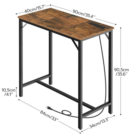 Bar Table With Built In Charging Station, Rectangular Pub Table At Counter Height, 35.4 L x 15.7 W x 35.6 H Inches, rustic brown top