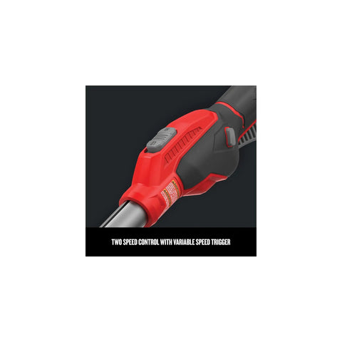 Cordless Weed Wacker String Trimmer With QuickWind Spool 4 Ah Battery And Charger Included, red and black two-speed control handle.