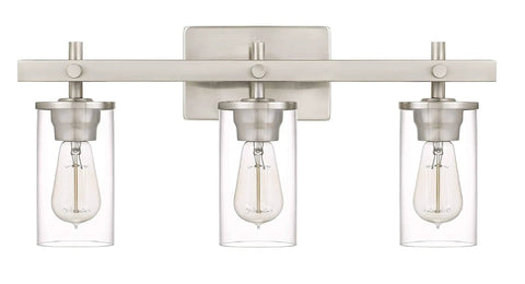 Modern Farmhouse Three Light Vanity Light With Clear Glass Shades In Brushed Nickel For Bathroom Hallway Entryway Kitchen Mirror And Laundry Room Must Have For Any Modern Bathroom Or Powder Room And Hallway Decor