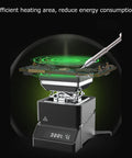 Compact Mini Hot Plate Welding Preheat Station With 30x30mm Heating Area showing efficient PCB preheating under soldering iron