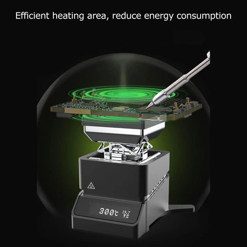 Compact Mini Hot Plate Welding Preheat Station With 30x30mm Heating Area showing efficient PCB preheating under soldering iron