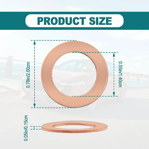 15 Pack Copper Oil Drain Plug Gaskets And Crush Washers For 14mm Fittings, Leak Proof Seals, dimensions displayed