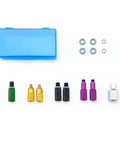 BKM12 Hydraulic Brake Bleed Kit For Mineral Oil With colorful components and blue storage case, laid out on a white background.