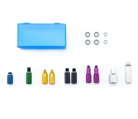 BKM12 Hydraulic Brake Bleed Kit For Mineral Oil With colorful components and blue storage case, laid out on a white background.