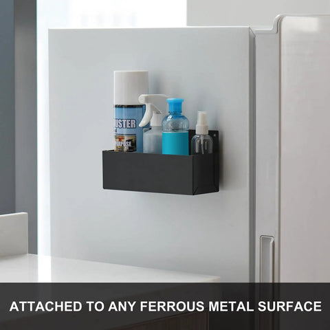 Magnetic Aerosol Can Holder For Garage And Workshop, Heavy Duty Steel Construction, fits three cans, mounted on metal surface.