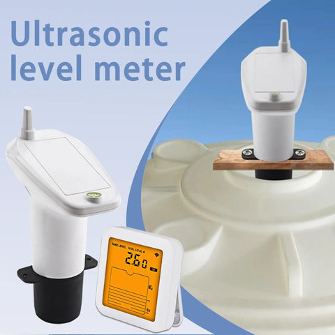 No Fuss Ultrasonic Water Level Monitor With Digital Readout And High Sensitivity Sensor installed on tank, showing LCD display