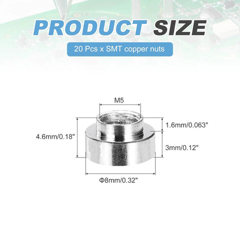 Top Shelf Nickel Plated Copper Weld Nuts M5 Thread For PCB Electronics Assembly Rock Solid Build Quality Buttery Smooth Standoffs 20 Piece Hardware Set with size dimensions shown.