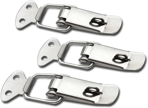Heavy Duty Stainless Steel Flat Beak Spring Clasp With Gate Lock Design For Cabinets And Boxes This Durable Toggle Latch Keeps Things Secure In Style., three stainless steel toggle latches on white background