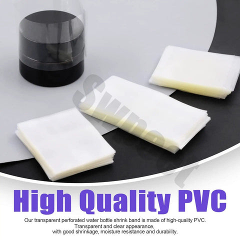 Clear PVC Heat Shrink Bottle Bands Kit With 1250 Pcs DIY Friendly Five Sizes showing stacked shrink bands on surface