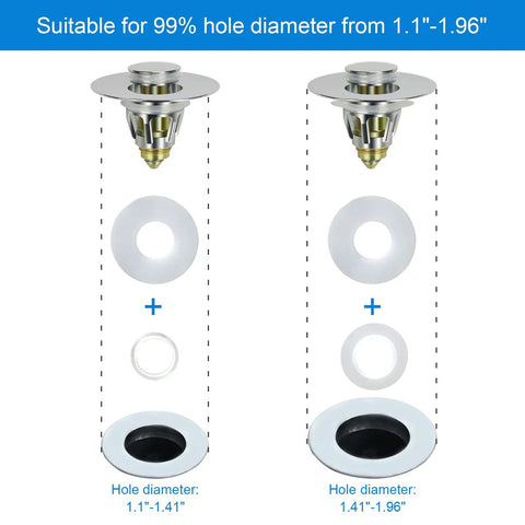Universal Stainless Steel Push Type Basin Pop Up Drain Filter With Basket No Overflow for hole diameters 1.1 to 1.96 inch