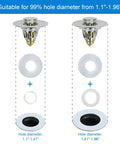Diagram showing Universal Push Button Pop Up Sink Stopper Two Pack Fits Most One Point One To One Point Nine Six Inch Drains No Overflow With Hair Catcher Basket Filter For Bathroom Basins And Showers with parts and measurements.