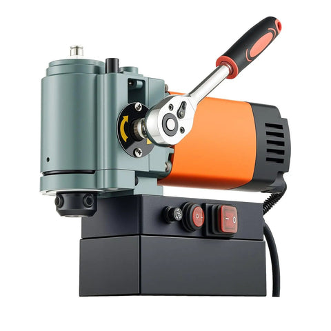 Portable Magnetic Drill Press Delivers Badass Force With A 1300 Watt Motor And Rock Solid Base, side view showcasing controls and motor.