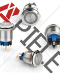 22mm Latching Push Button Switch 12V Angel Eye Ring Light LED Waterproof Stainless Steel Round Metal Self Locking 1NO 1NC 1 Pack Blue For Automotive Dash Panels Marine Off Road DIY Install front and side views