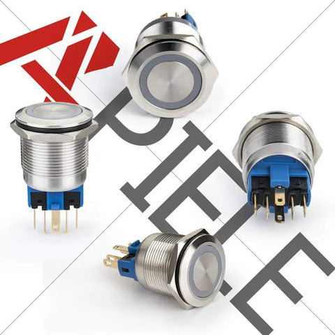 22mm Latching Push Button Switch 12V Angel Eye Ring Light LED Waterproof Stainless Steel Round Metal Self Locking 1NO 1NC 1 Pack Blue For Automotive Dash Panels Marine Off Road DIY Install front and side views