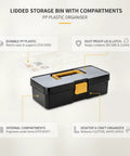 Straight Up Small Parts Organizer Bin With Stay Put Hinged Lid For Desk And Workspace Quick One Handed Access showing durable PP plastic, compartments.