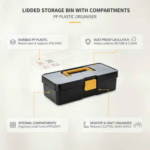 Straight Up Small Parts Organizer Bin With Stay Put Hinged Lid For Desk And Workspace Quick One Handed Access showing durable PP plastic, compartments.