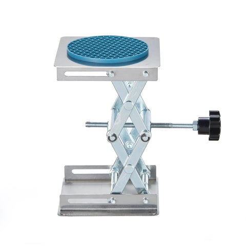 Lab scissor jack stand with blue 4x4 inch round anti-slip platform, stainless steel, adjustable height 50–160 mm.