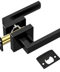 Matte Black Door Lever Set Heavy Duty Reversible Square Handle For Bedroom Bathroom And Interior Rooms Passage Doors Durable Zinc Alloy Hardware Rust Resistant In Humid Environments With US Standard Strike Plate 2 Pack showing square handle and strike plate details.