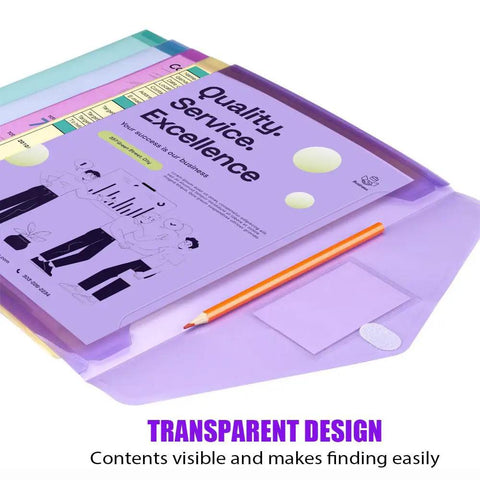 10 Pack Clear File Folders With Transparent Envelopes, Assorted Color Poly Document Folders With Label Pockets For Letter And A4 Size Papers, Perfect For School Office And Home Organization And Color Coding Made Easy, showing a stack with documents inside.
