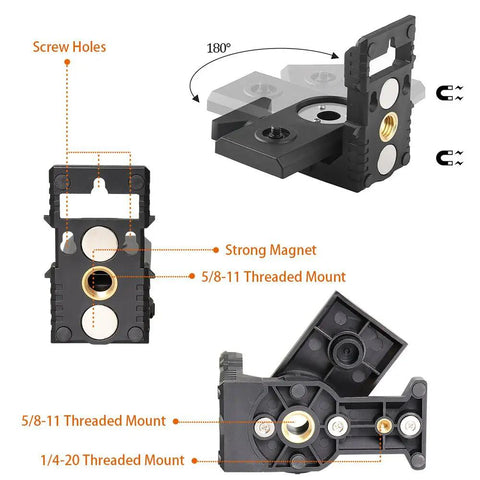 Laser Level L Shape Adapter With Magnetic Pivoting Base showing screw holes, strong magnet, and threaded mounts