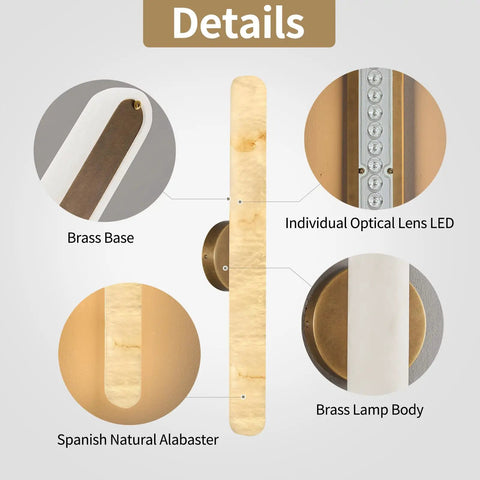 Close-up details of Natural Alabaster Brass Wall Sconce, highlighting brass lamp body, LED lens, and Spanish natural alabaster.