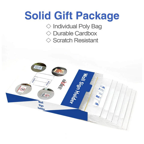 8.5x11 Clear Acrylic Sign Holders With No Drilling Mount package showing poly bag and cardboard box details.