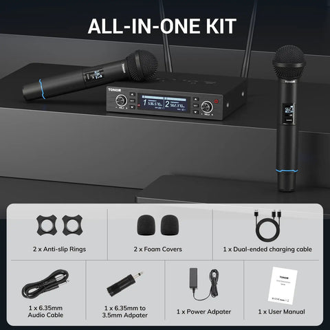 Rechargeable Wireless Microphone System With Dual Metal Handheld Mics And Box Receiver, accessories shown