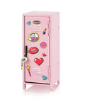 Pink Miniature Metal Locker With Secure Diary Lock And Two Keys For Hella Cute Desk Setup Soft Padded Base back view with stickers.