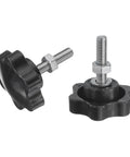 Four Pack Heavy Duty Star Clamping Knobs With Straight Shot M6 Metric Threads And Rock Solid Stainless Steel Shafts Paired With A Knockout Black Plastic Grip. Two star knobs with black plastic grips and stainless steel shafts.