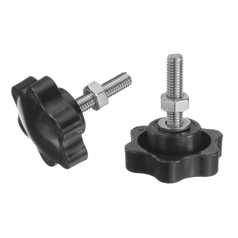 Four Pack Heavy Duty Star Clamping Knobs With Straight Shot M6 Metric Threads And Rock Solid Stainless Steel Shafts Paired With A Knockout Black Plastic Grip. Two star knobs with black plastic grips and stainless steel shafts.