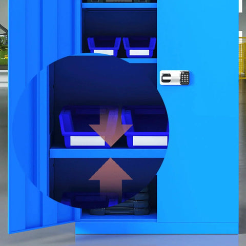 Commercial Grade Heavy Duty Steel Parts Cabinet Featuring Smooth Glide Drawers For Shop Crews with blue storage bins.