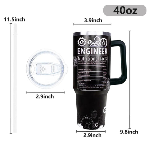 40 Oz Tumbler With Handle And Straw Engineer Gifts For Men And Students Aerospace Mechanical Electrical Civil Chemical Software Design Engineers Funny Gears Brain Theme Ideal Gift For Engineers And Engineering Students featuring nutritional facts design, dimensions, and components
