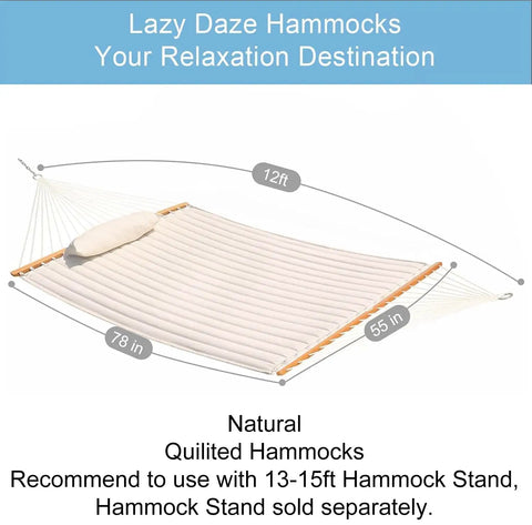 Two Person Double Quilted Fabric Hammock With Spreader Bar And Detachable Pillow For Outdoor Patio Backyard Poolside 450 Lb Weight Capacity 78 By 55 Inch Bed Ultra Comfy Natural