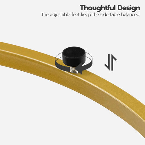 Adjustable foot on round end table with charging station and glass top, 2-tier gold accent side table for tiny spaces, thoughtful design.