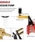 Backyard Mechanic Handheld Vacuum Pump Brake Bleeder Kit With Live Pressure Tester And Universal Gauge Adapters, showing brass cylinder and rubber handle.
