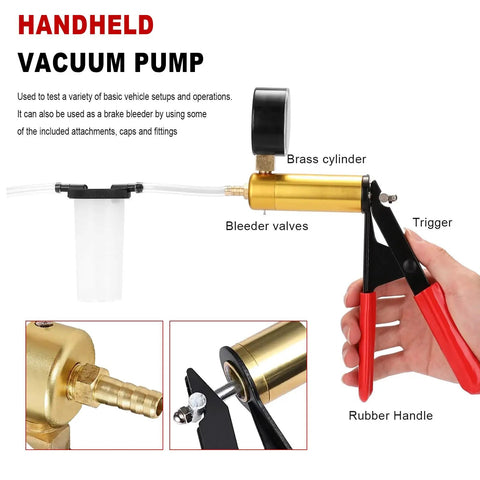 Backyard Mechanic Handheld Vacuum Pump Brake Bleeder Kit With Live Pressure Tester And Universal Gauge Adapters, showing brass cylinder and rubber handle.
