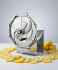 Manual Stainless Steel Slicing Machine With Guard Plate, Baffle And Hand Crank beside sliced lemons