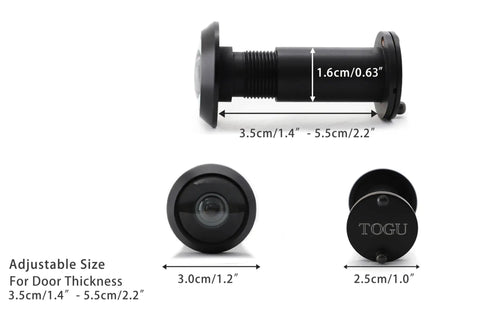 Solid Brass HD Glass Lens 220 Degree Door Viewer Peephole With Heavy Duty Privacy Cover UL Listed Security dimensions and components shown