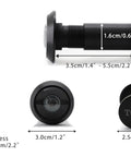 Dimensions and components of Solid Brass 220 Degree Door Peephole With HD Glass Lens, Privacy Cover, Matte Black UL Listed.