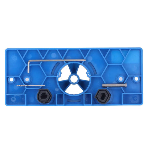 Premium 35mm Hinge Hole Saw Jig Kit For Woodworking Pros That Sets Cup And Screw Holes In One Go With Adjustable Depth and accessories on a blue base.