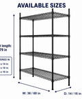 Beefy Heavy Duty Steel Wire Shelving Rack, 4 Tier Adjustable Metal Storage Shelves, 440 Lbs Per Shelf, size dimensions 36x14x79 inches, black.