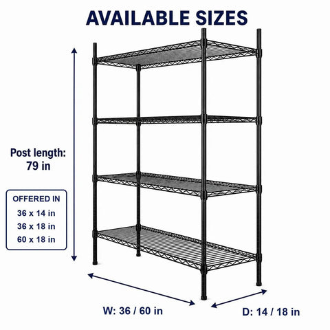 Beefy Heavy Duty Steel Wire Shelving Rack, 4 Tier Adjustable Metal Storage Shelves, 440 Lbs Per Shelf, size dimensions 36x14x79 inches, black.