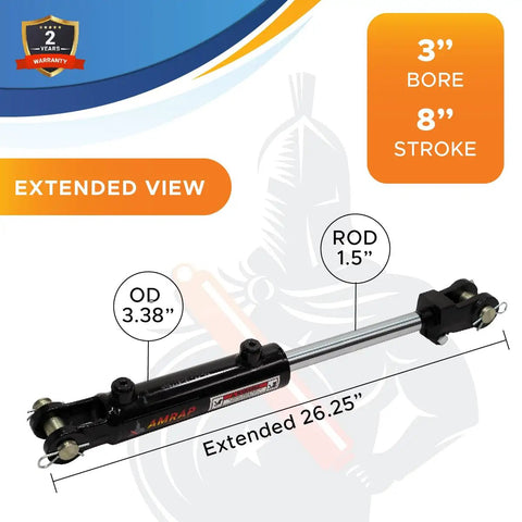 Beefed Up Heavy Duty 3 Inch Bore 8 Inch Stroke Hydraulic Cylinder With Welded Threaded Clevis End, 3000 PSI Rating, Dual Acting, SAE 8 Ports, 1.5 Inch Rod, 18.25 Inch Retracted, 26.25 Inch Extended, Pin Holes 1 Inch, extended view